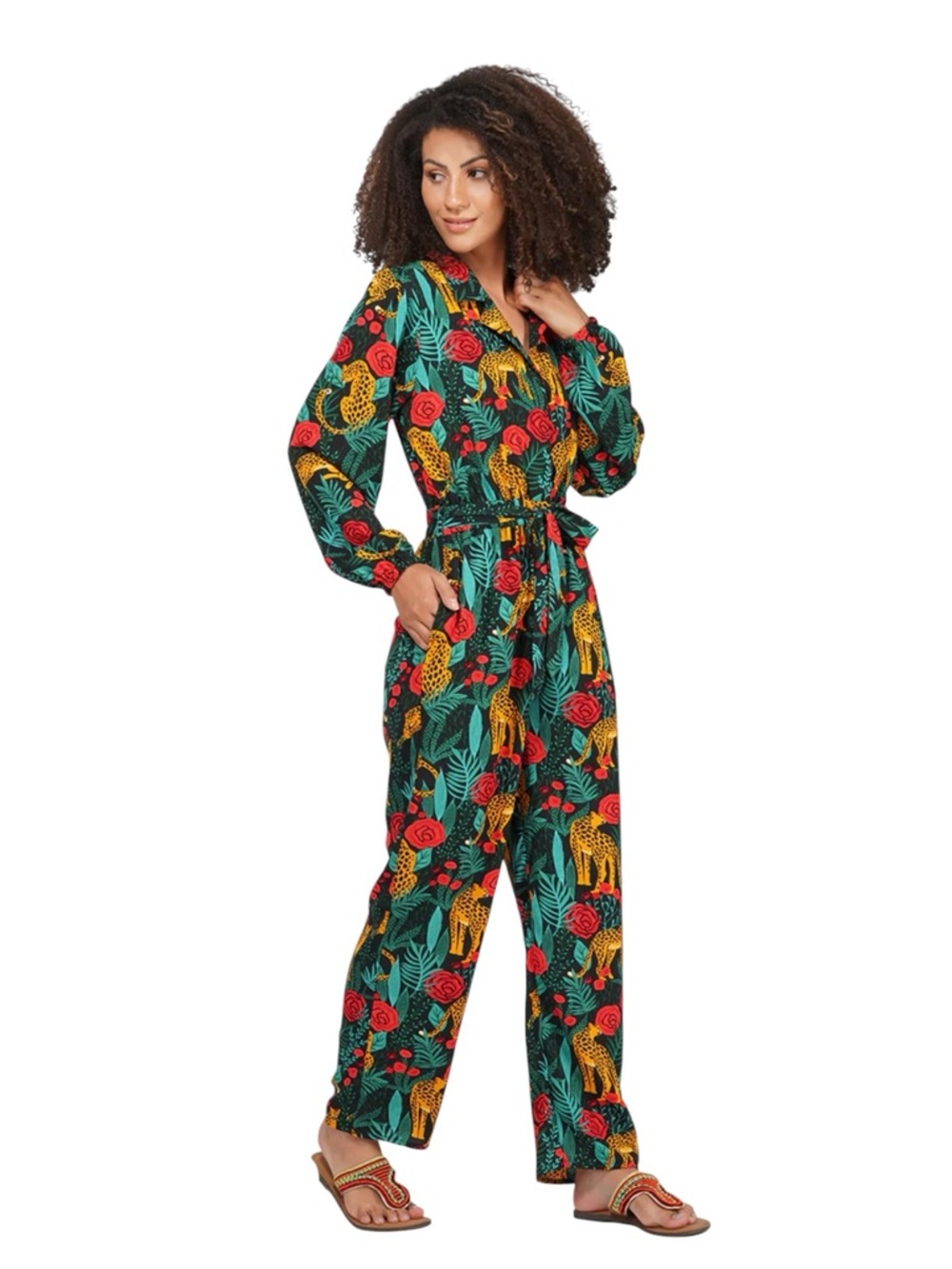 America & Beyond Tropical Leopard Red Roses Jumpsuit Size L